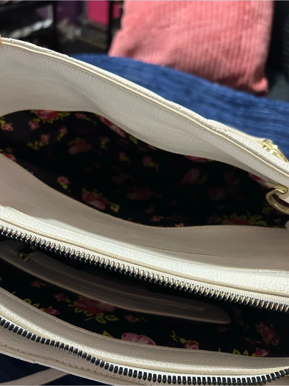 Betsey Johnson White Quilted Shoulder Bag with Pink Floral Scarf